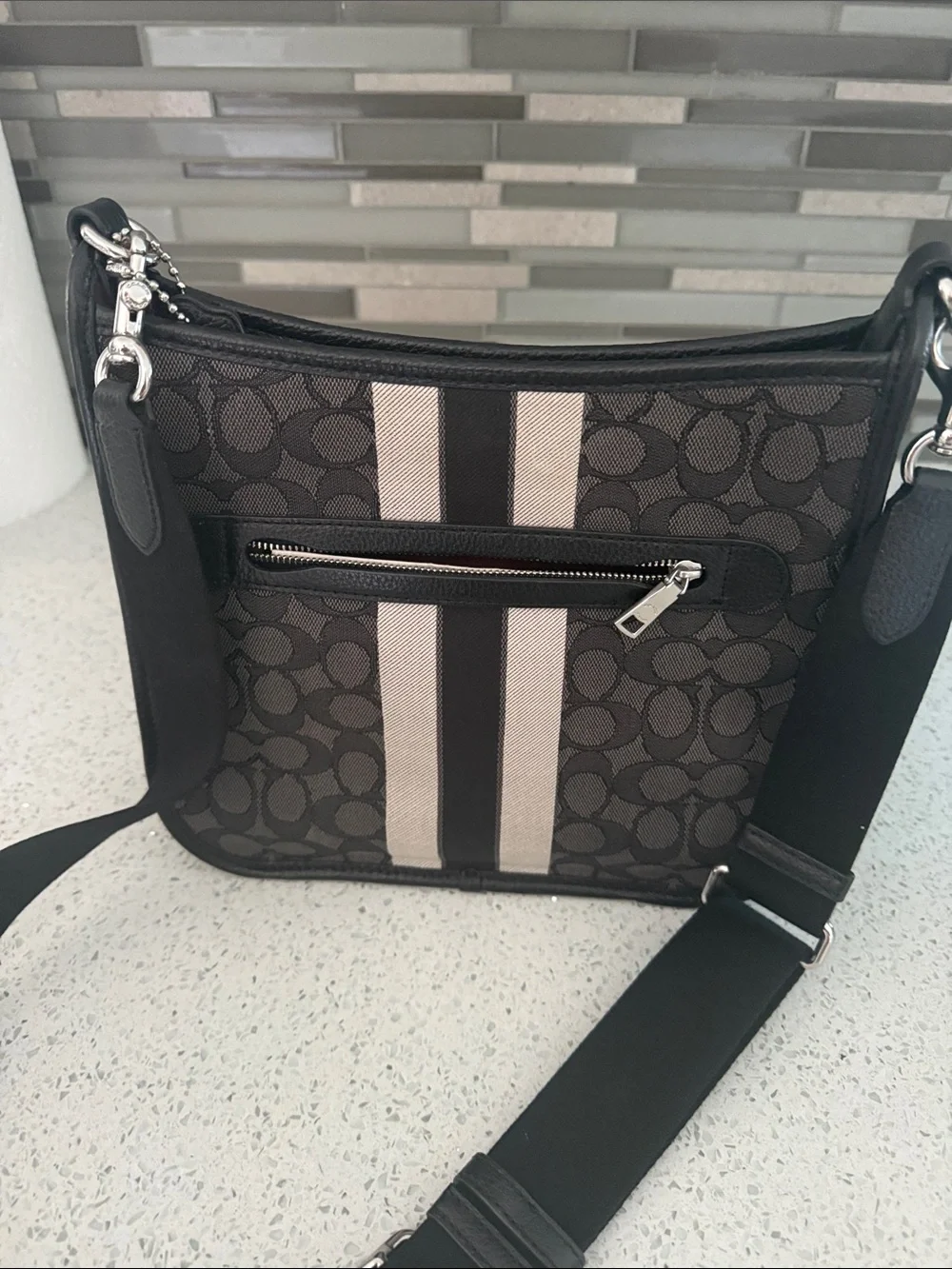 Coach Signature Crossbody in Black and Ivory Stripe